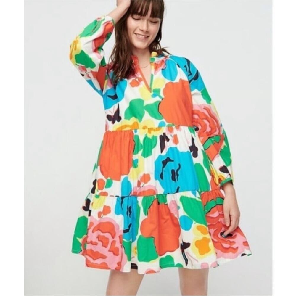 J. Crew Floral Tiered Mini Dress in White, Orange, Blue, Green, Pink